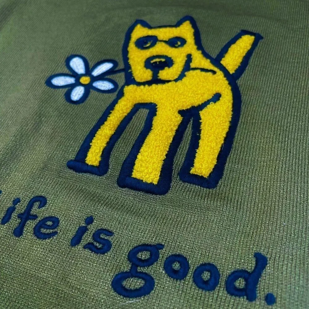Life Is Good Green Crewneck Sweater Yellow Dog Daisy Womens Small